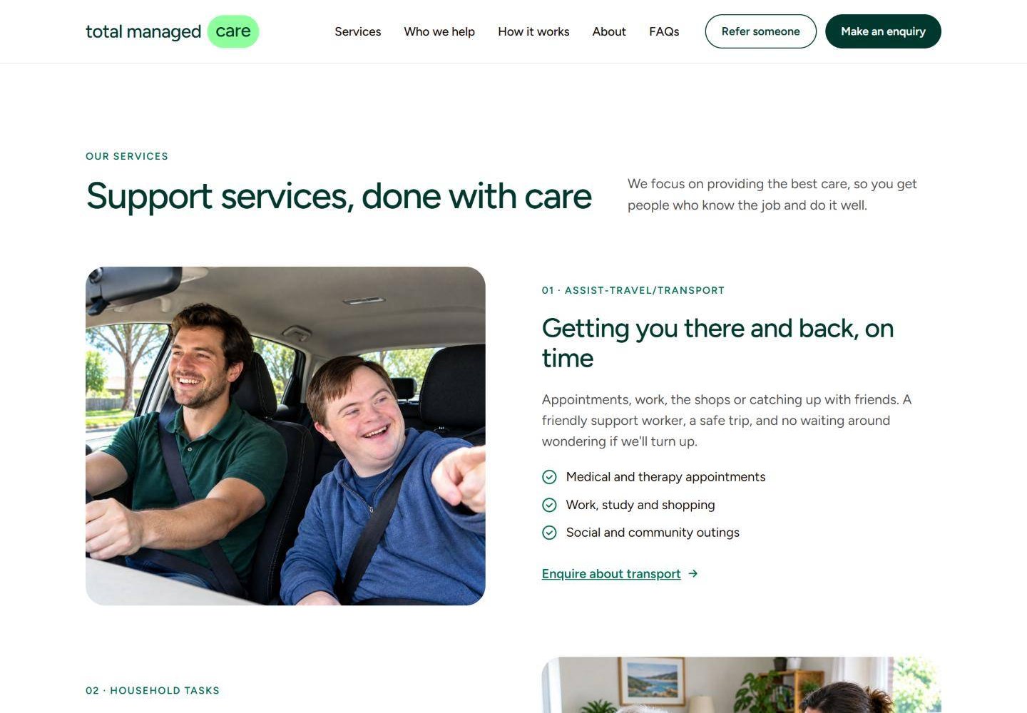 Services section: Getting you there and back, on time, with a photo of a support worker driving a participant